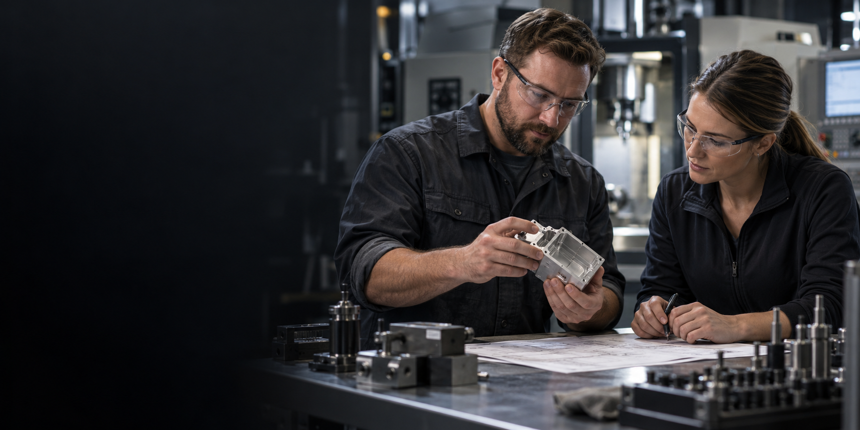 Illustrative image of manufacturing professionals reviewing a machined component together